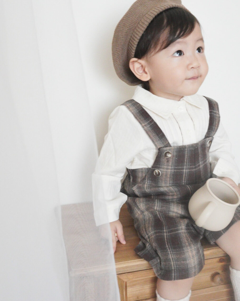 brown check チェックオーバーオール